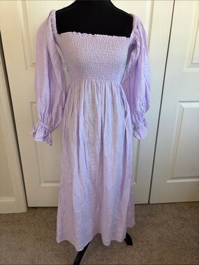 Sleeper Atlanta Smocked Linen Midi Dress Purple Lavender S Cottagecore Beach